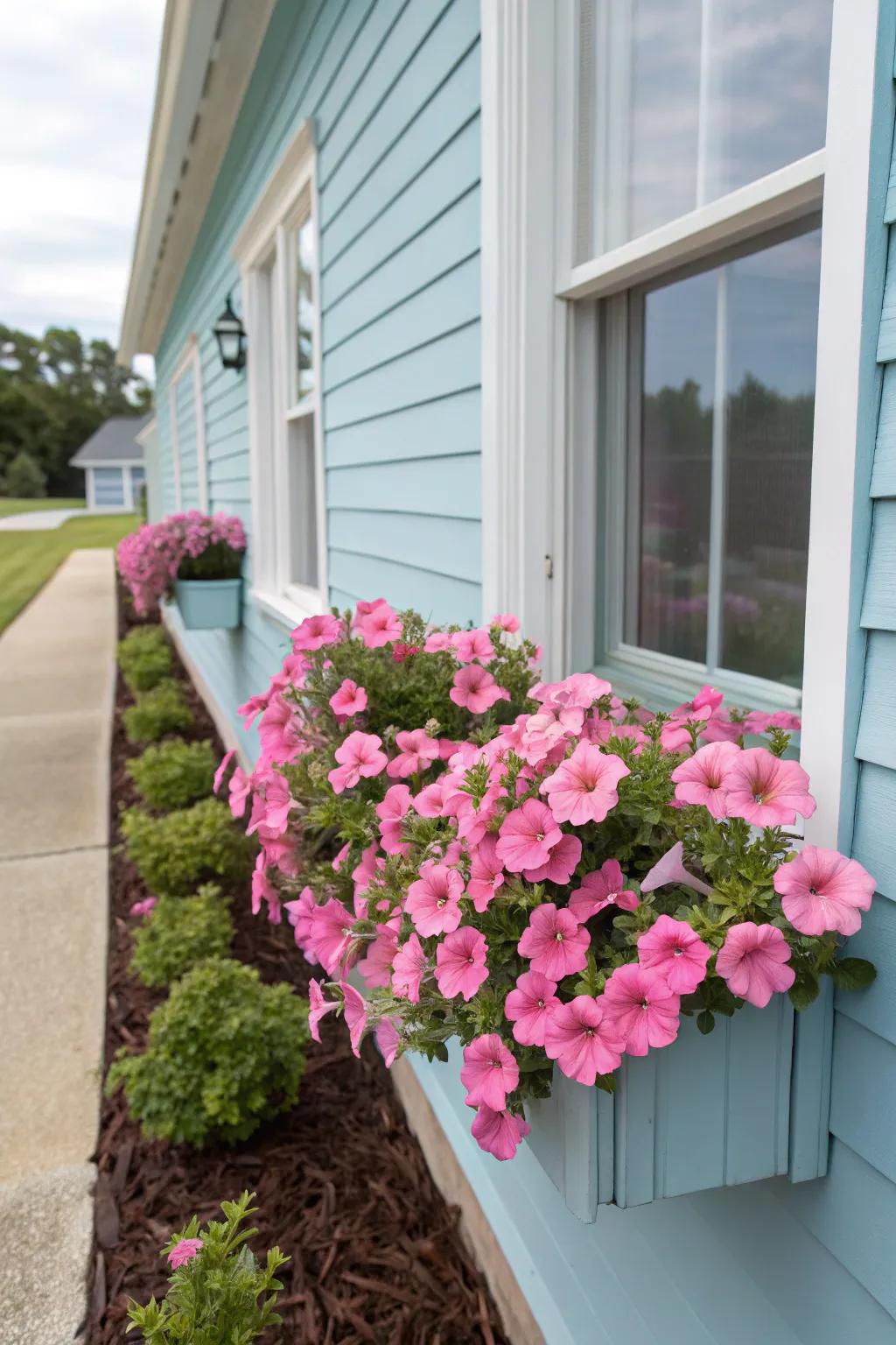 Color coordination between flower boxes and house exteriors creates stunning curb appeal.