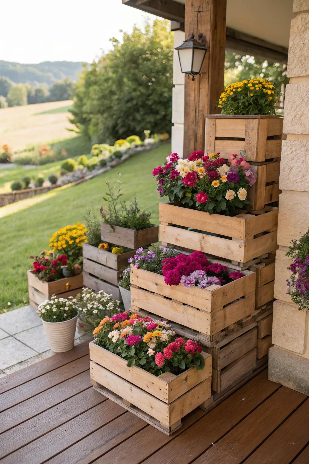 Wooden crates provide a versatile display for seasonal flowers.