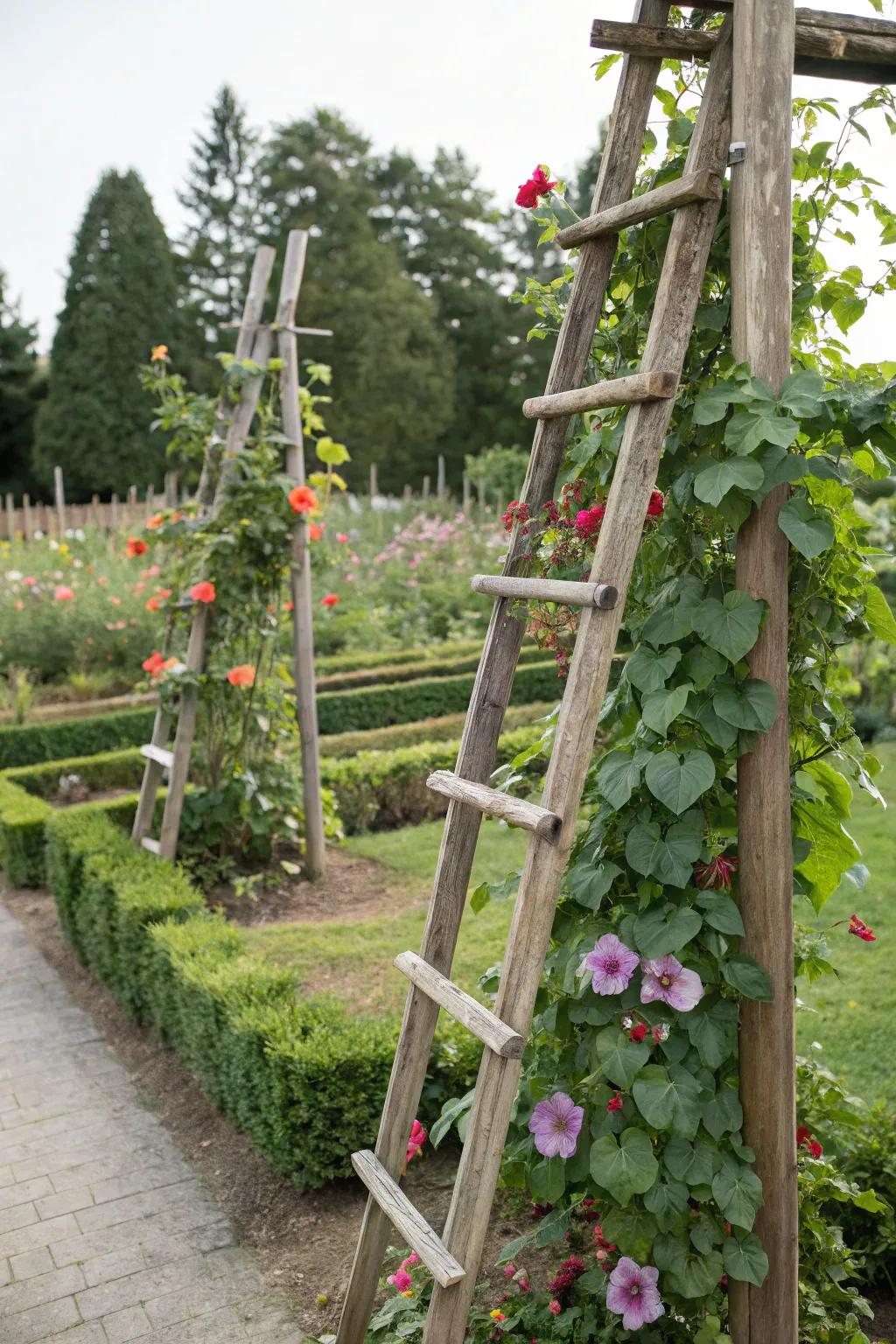 Homemade trellises enhancing a garden with climbing plants.