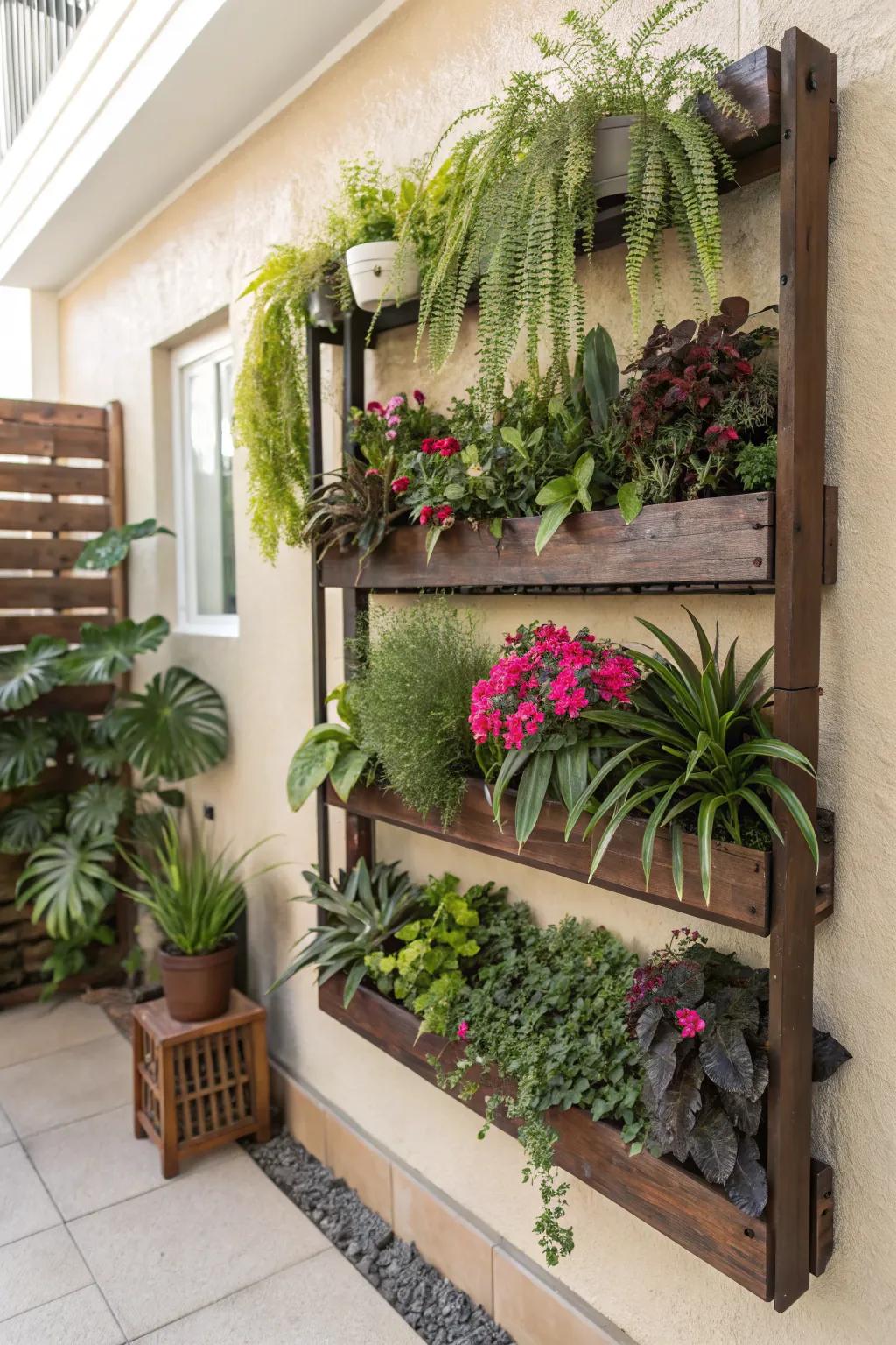 A space-saving wall-mounted flower shelf for vertical gardening.