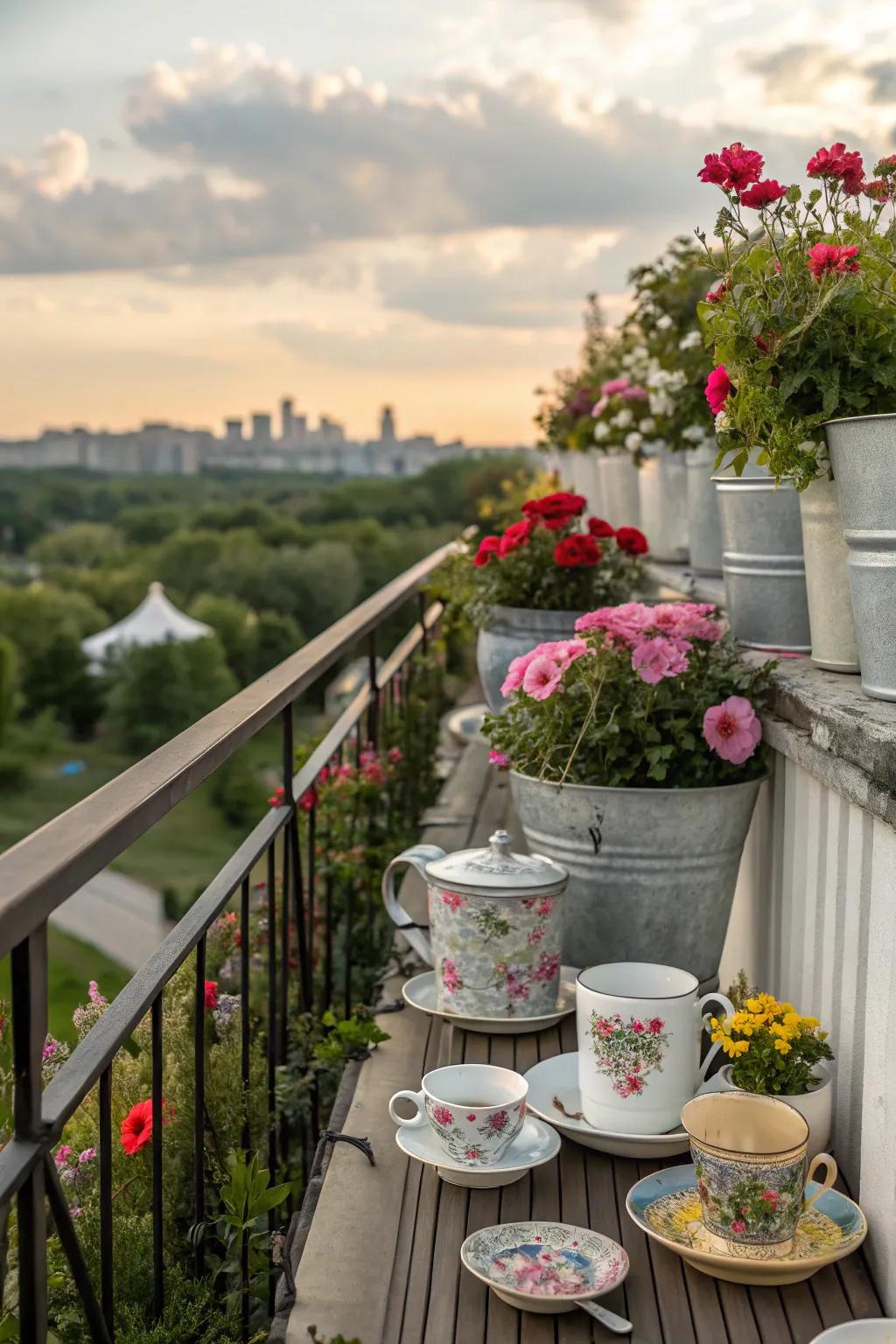 Surprising elements like teacup planters add whimsy.