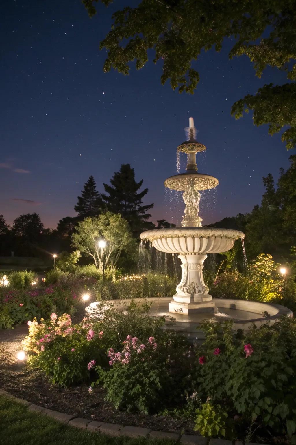 A garden fountain beautifully illuminated with integrated lighting.