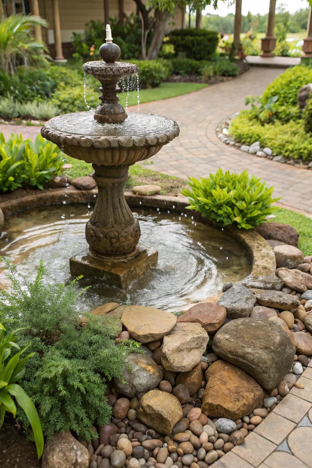 Garden fountain with decorative rocks.