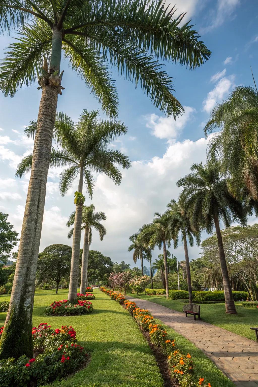 Foxtail palms enhancing public spaces with shade and beauty.
