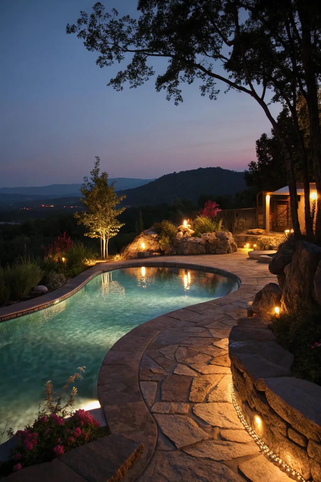Ambient lighting transforms the pool at night.