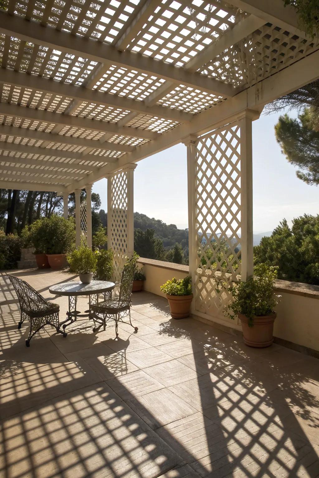 A lattice patio cover creating an artistic play of light and shade.