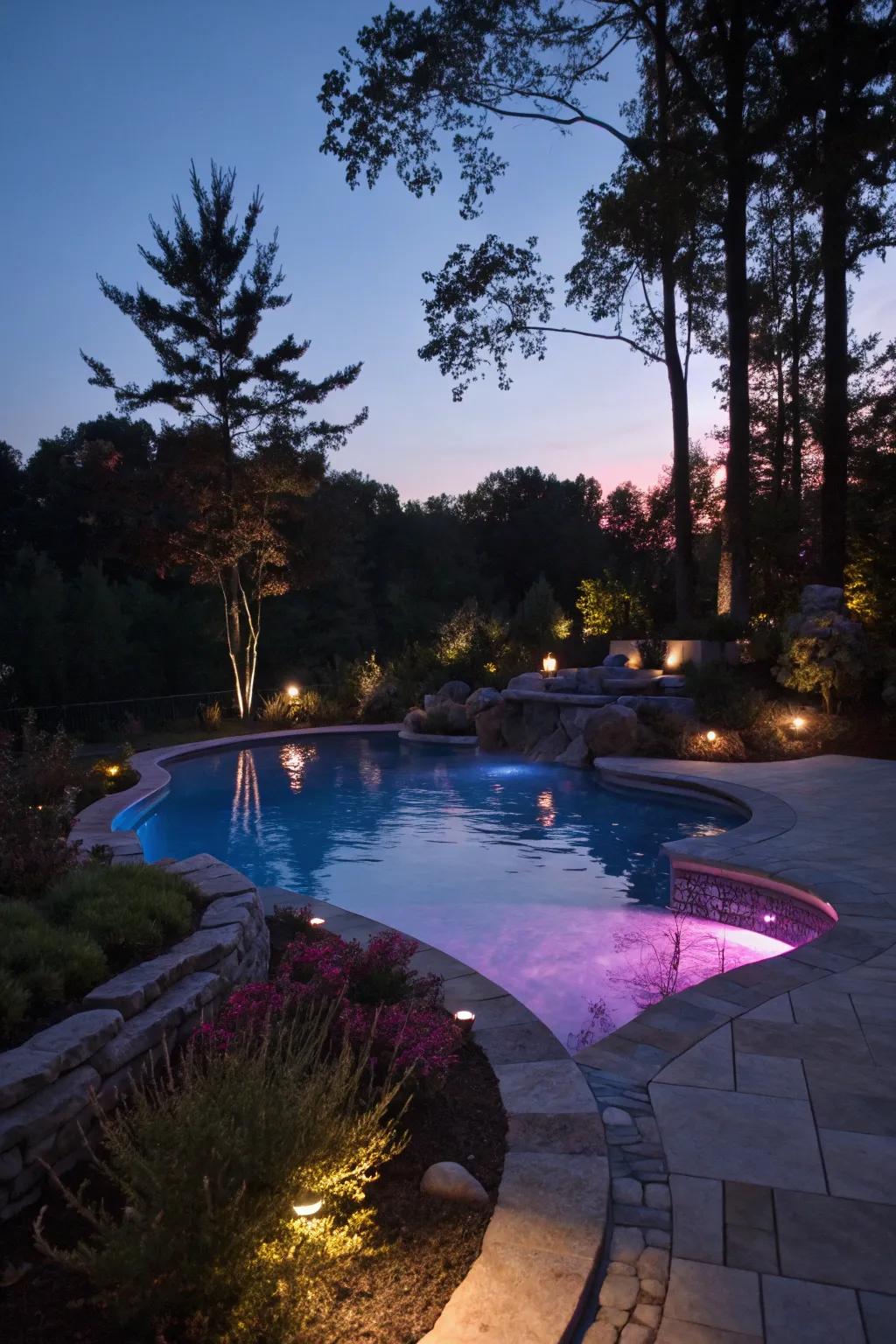 Evening ambiance set by subtle lighting around a freeform pool.