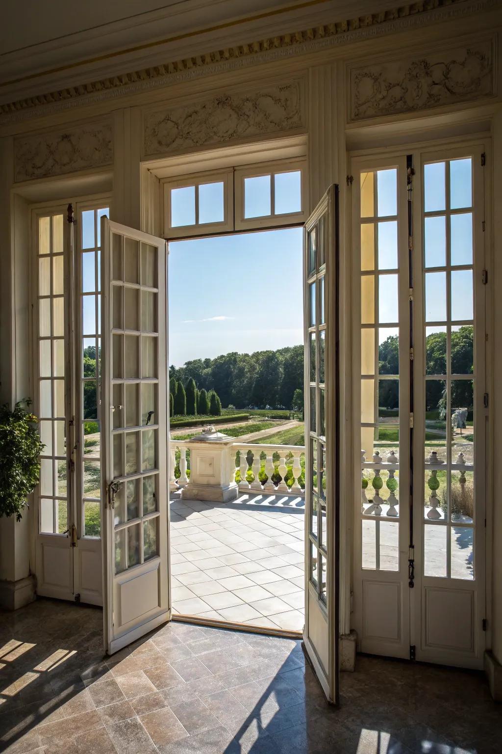 Multiple French doors create a sense of grandeur.