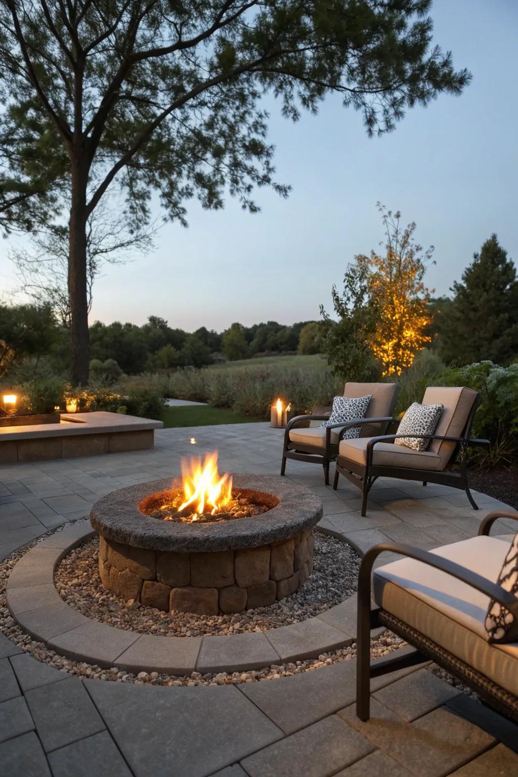 A charming fire pit area enhanced by a French drain.