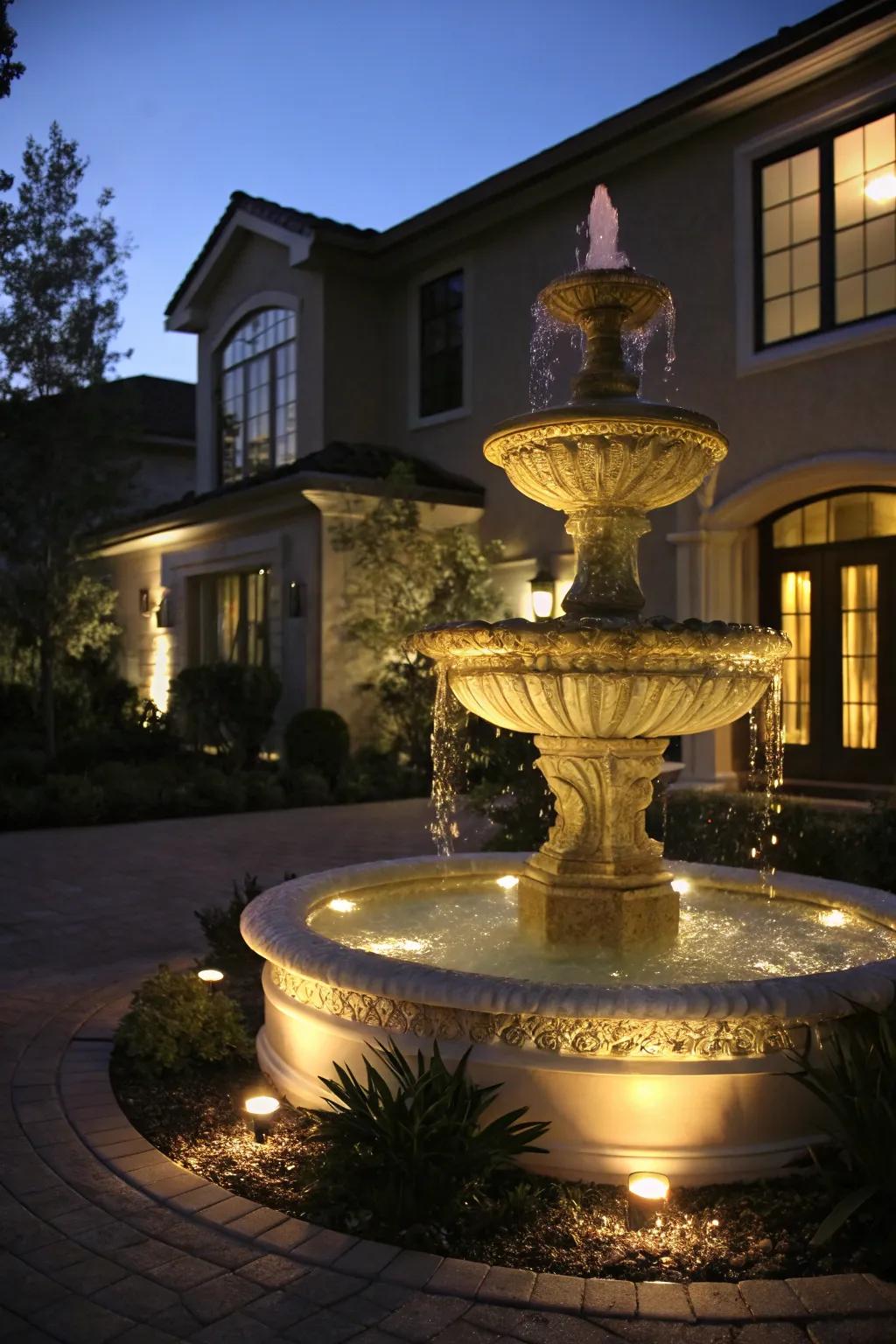 Lighting adds a magical touch to fountains, especially at night.