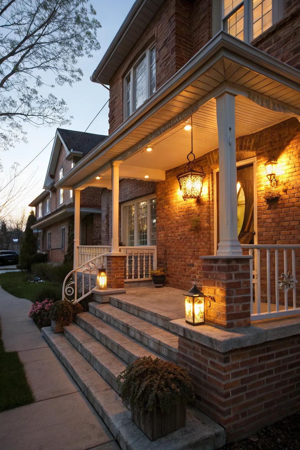 Porch lighting enhances the beauty and safety of a brick home’s entrance.