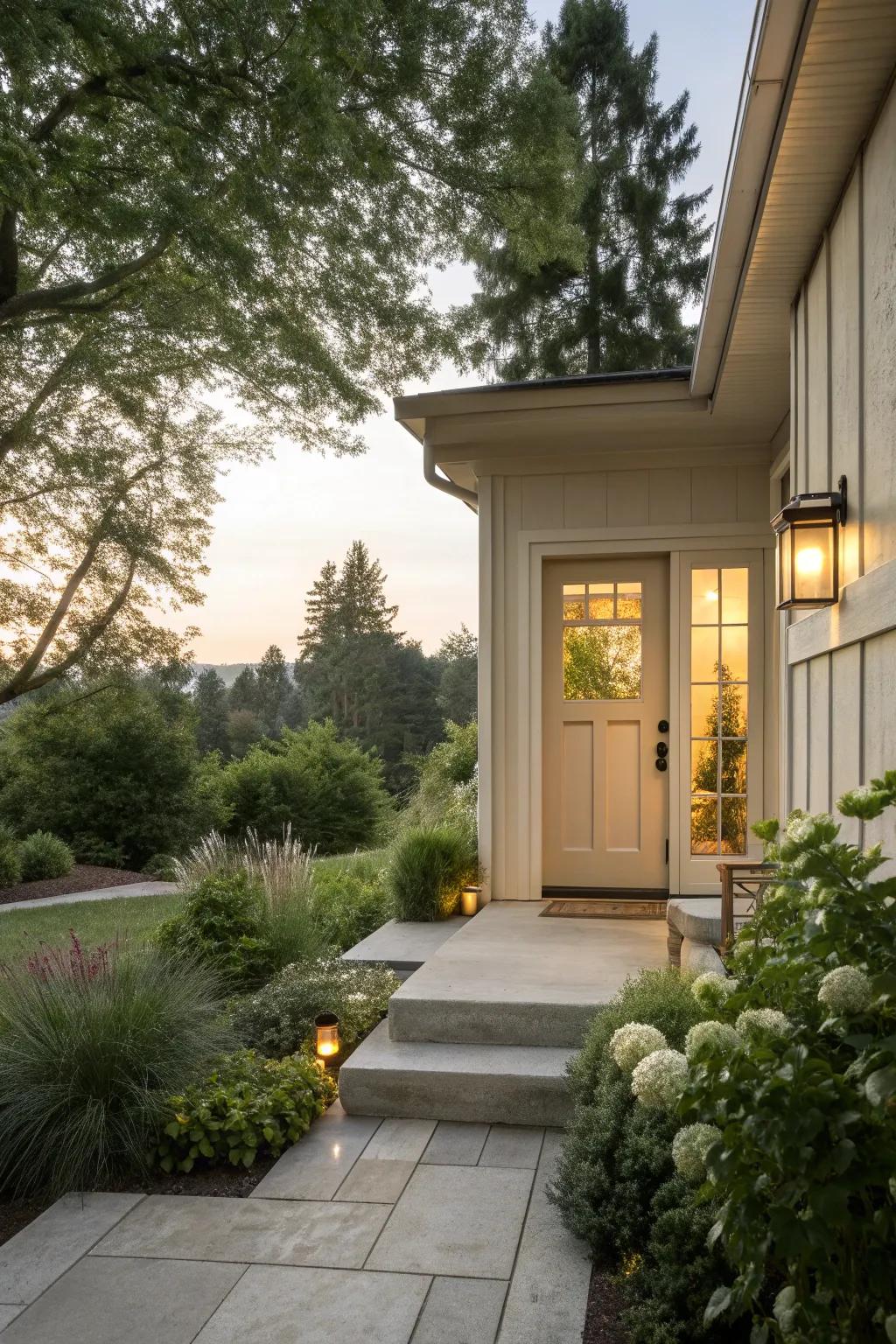 A serene front door landing featuring neutral and natural tones.