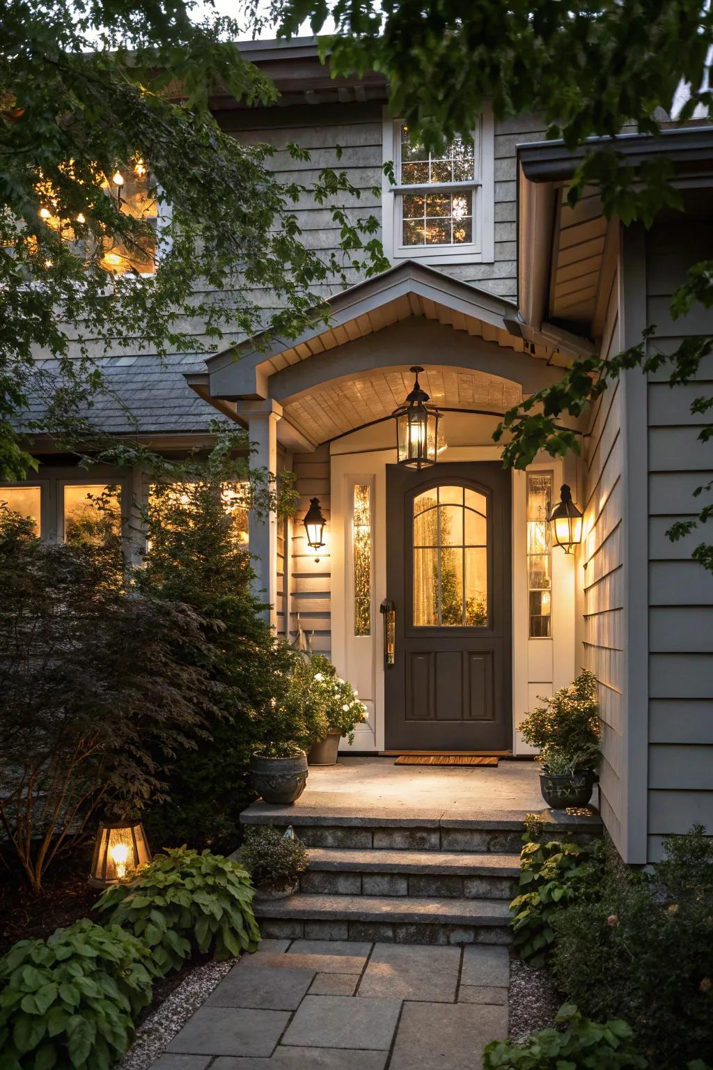A front door overhang illuminated by stylish lighting.