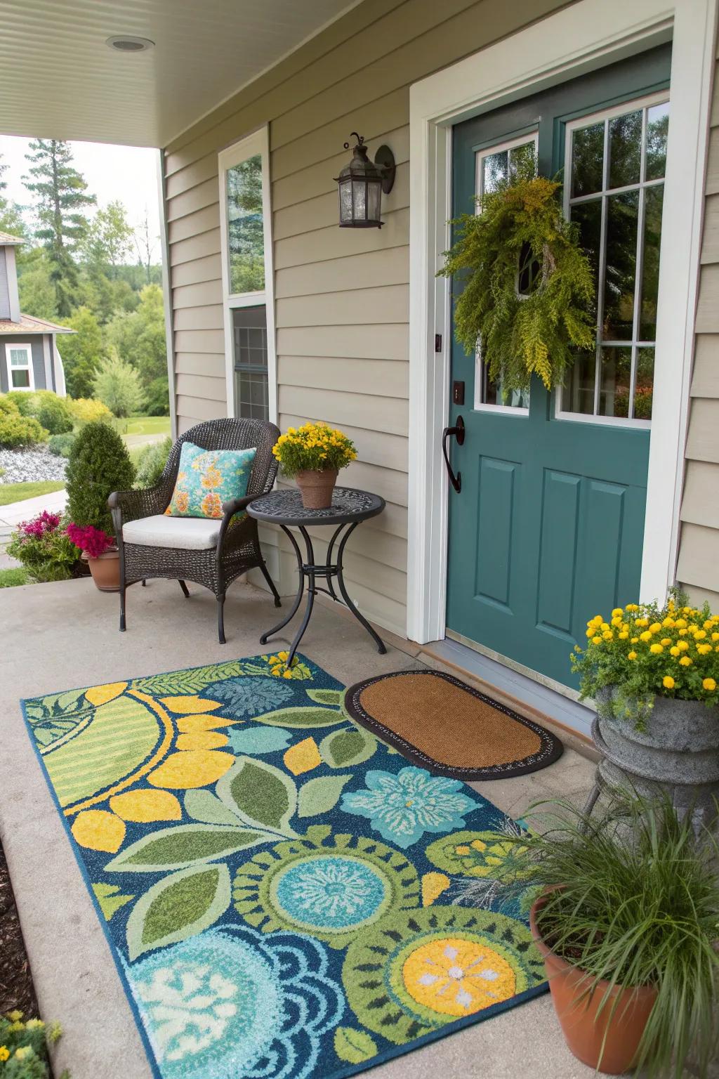 A colorful rug defines and brightens the patio space.
