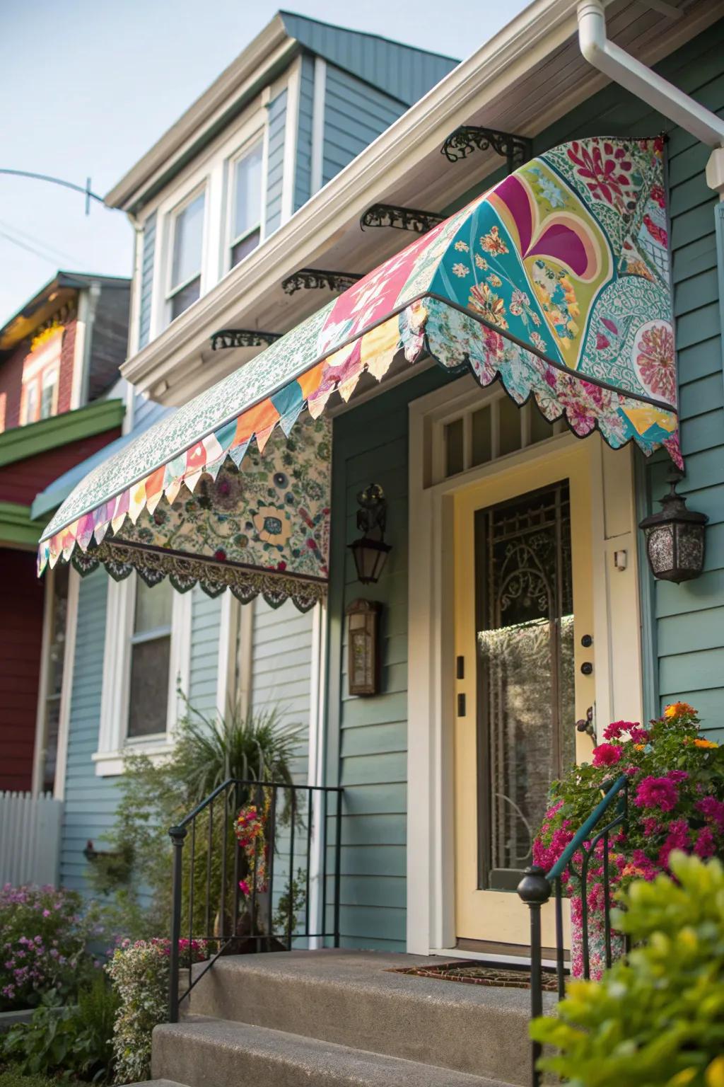 A colorful awning brings vibrant charm to this home.