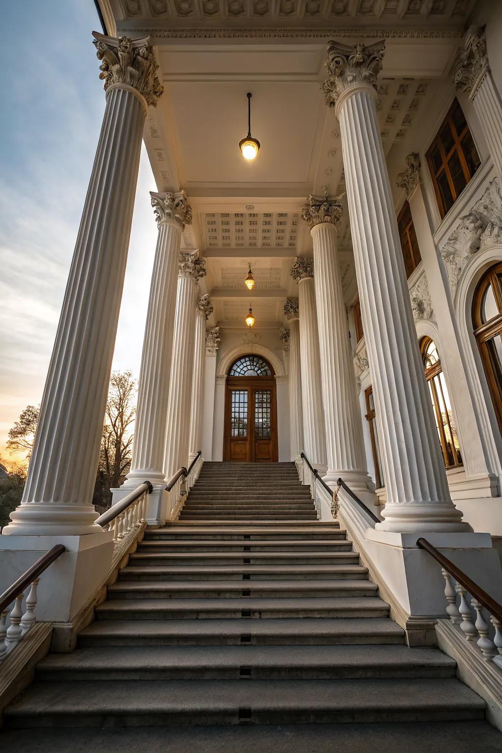 Columns add a stately elegance to stairs, enhancing the overall grandeur of the entrance.