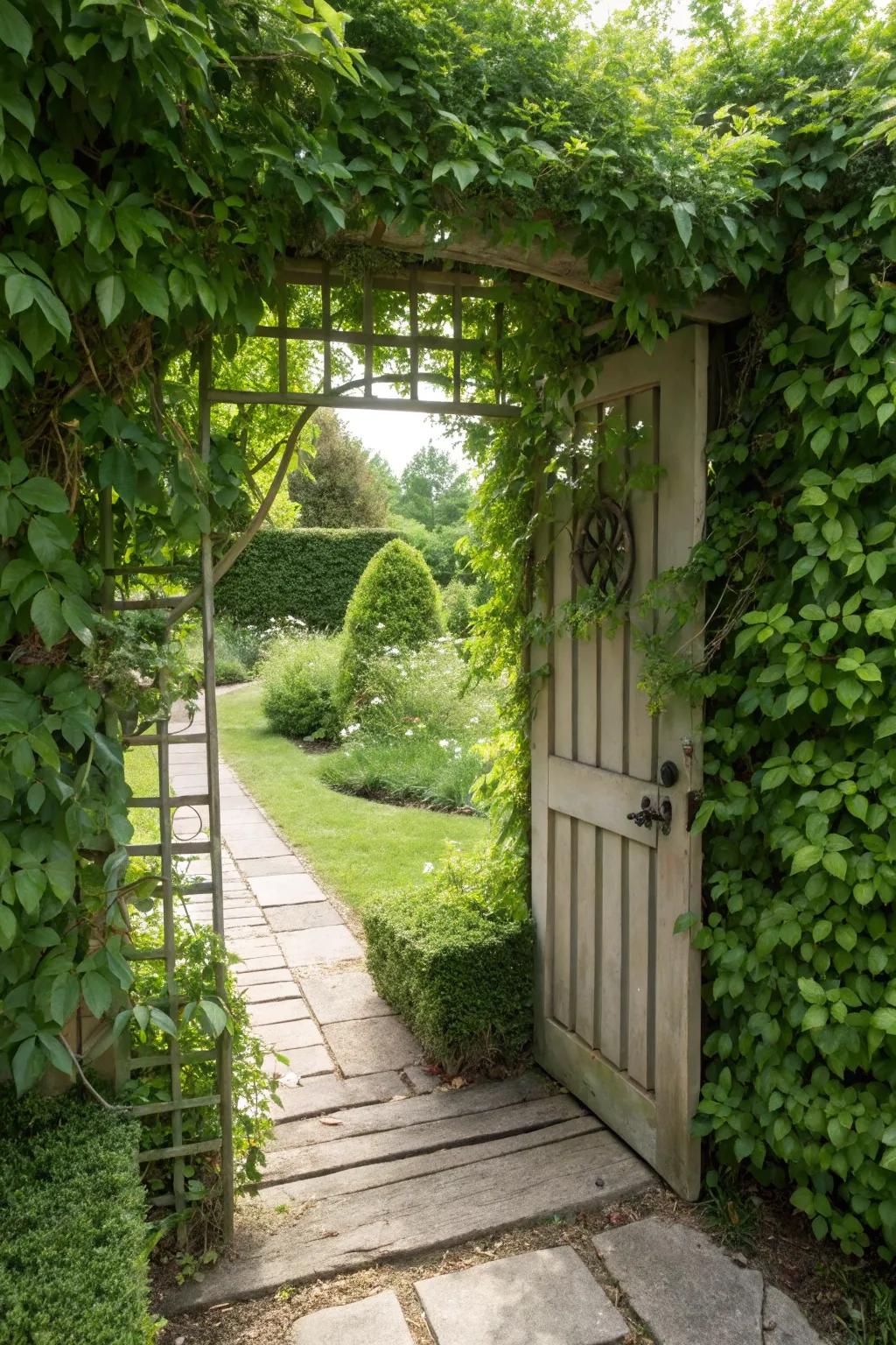 Privacy screen trellis for a secluded entrance.