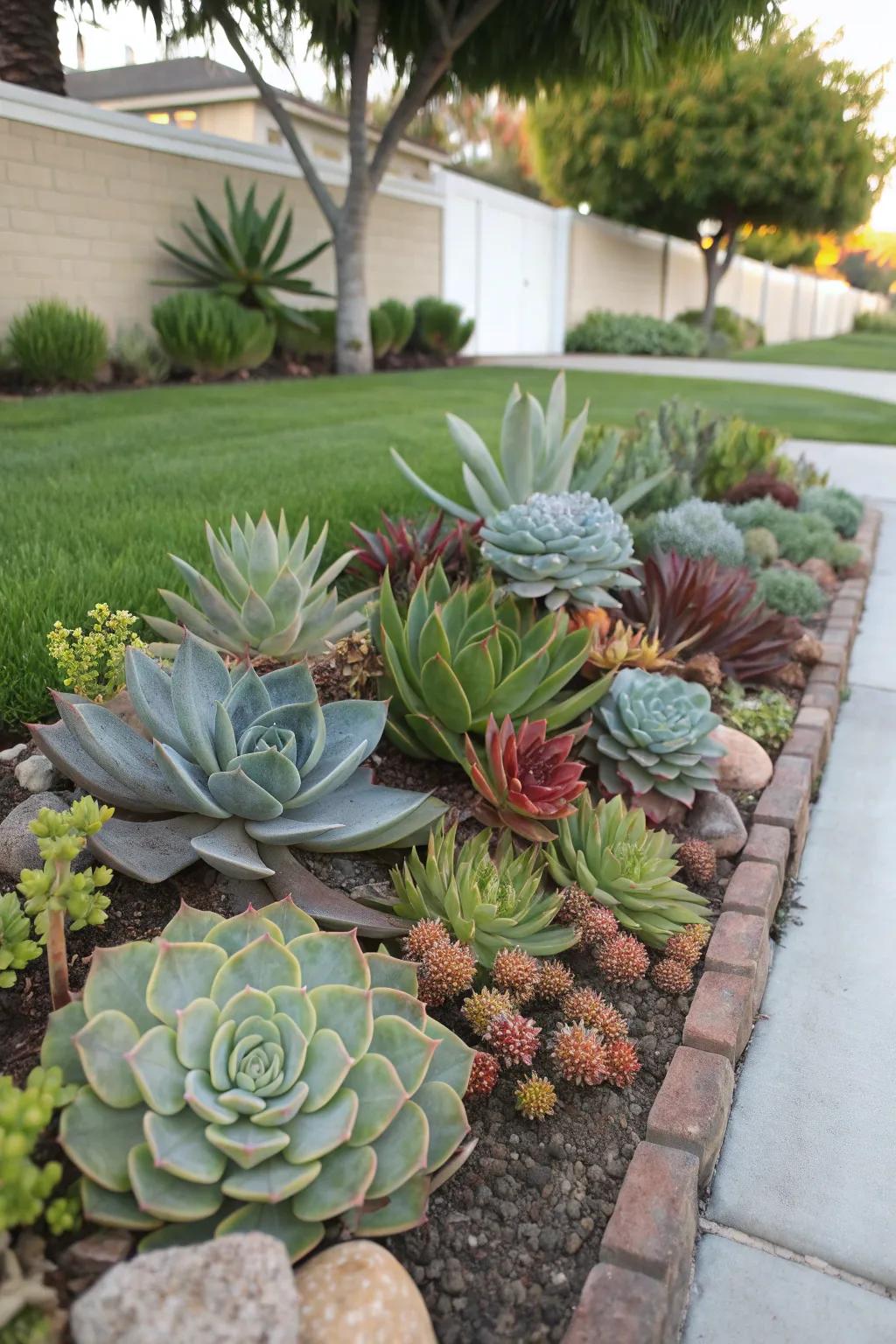Succulents providing an array of textures in a sunlit front yard bed.