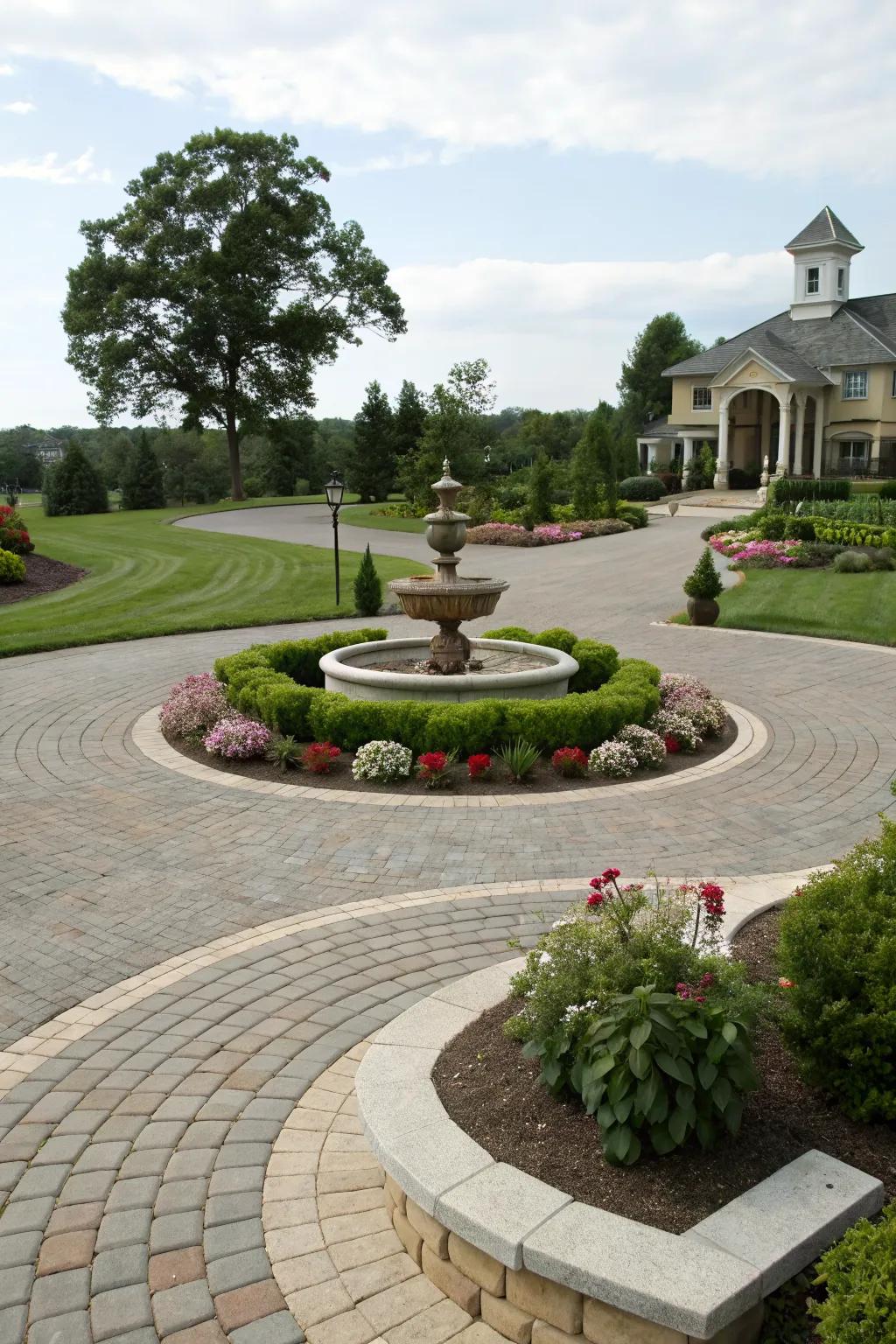 A stylish circular driveway with a central focal point.