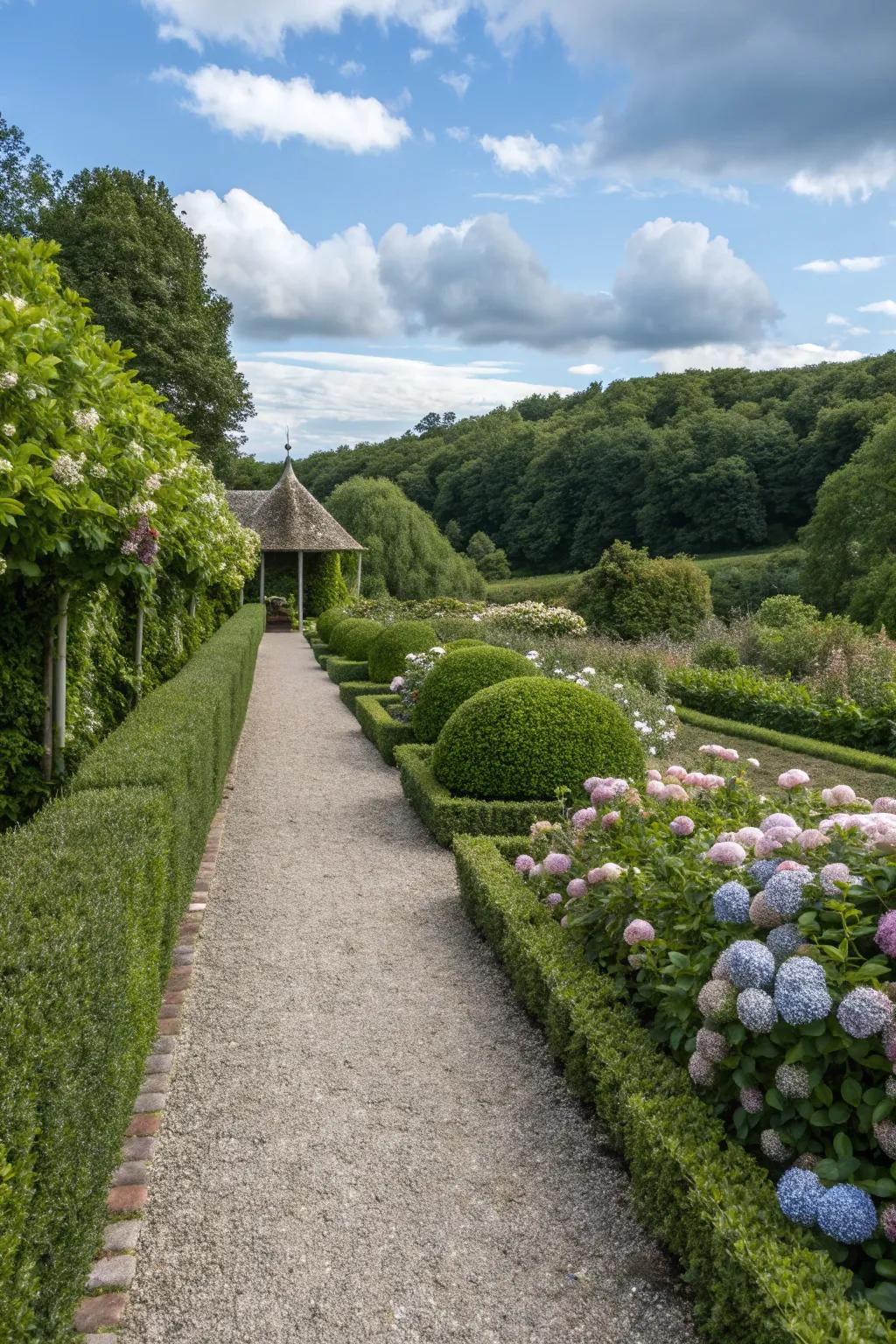 Pebble paths bring rustic charm.