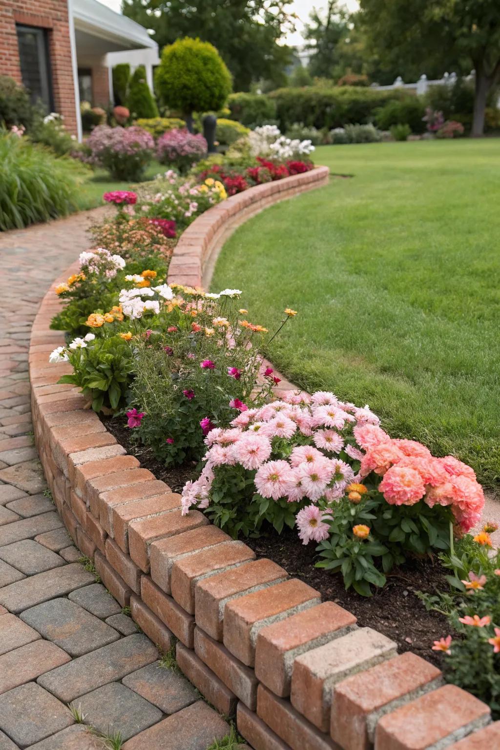 Classic brick edging provides a neat and timeless border for flower beds.