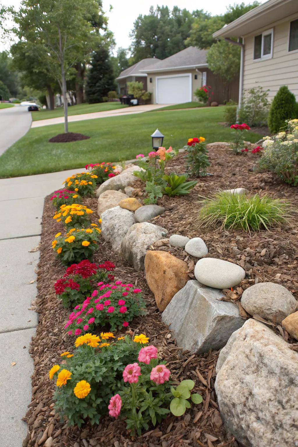 A flower bed that combines rocks and mulch for a thriving garden.