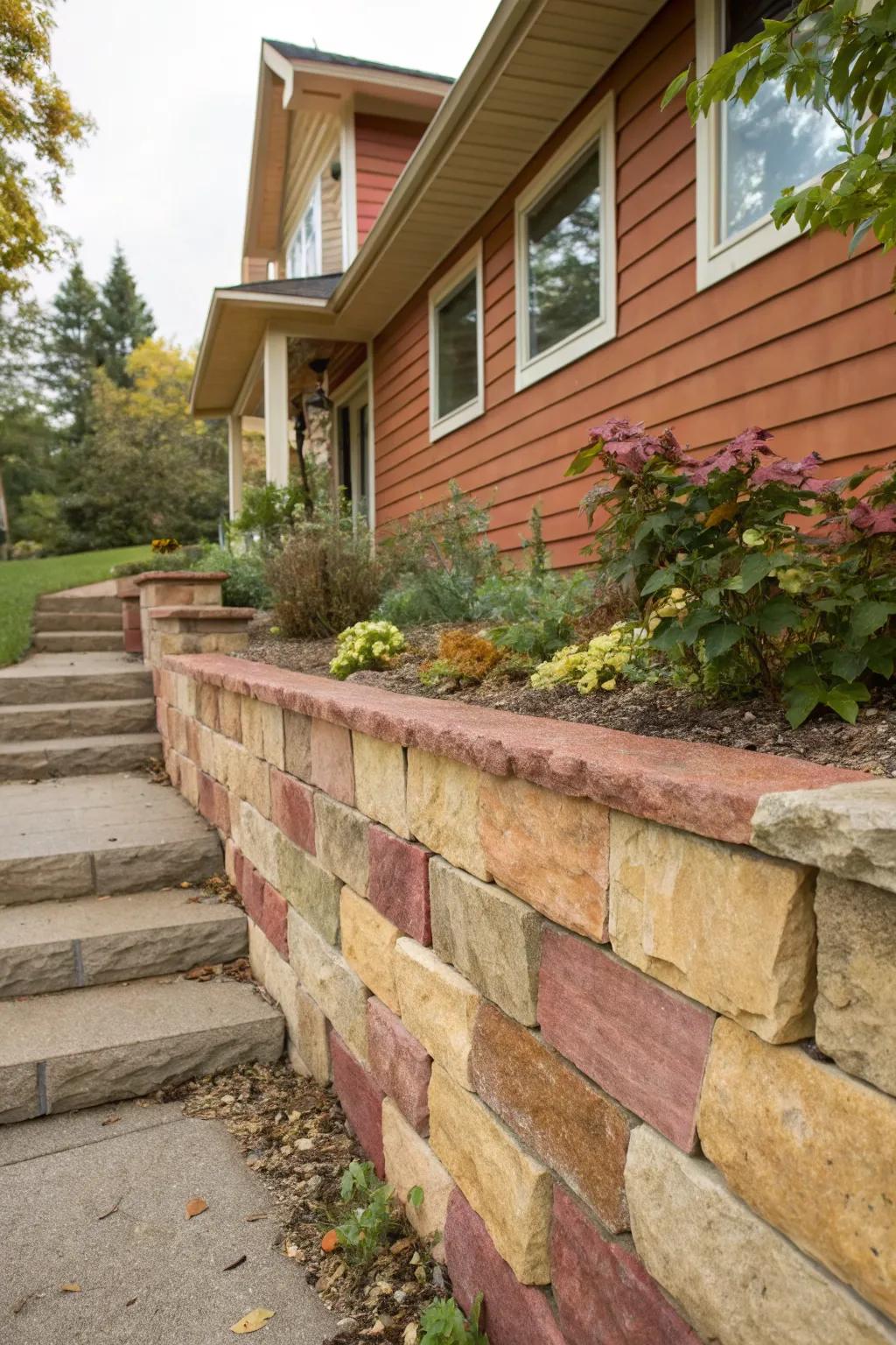 A colorful retaining wall adds a playful touch.