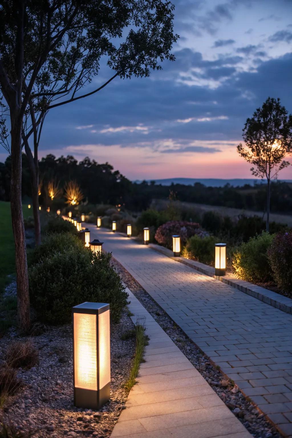Pathway illuminated by soft, welcoming lights.