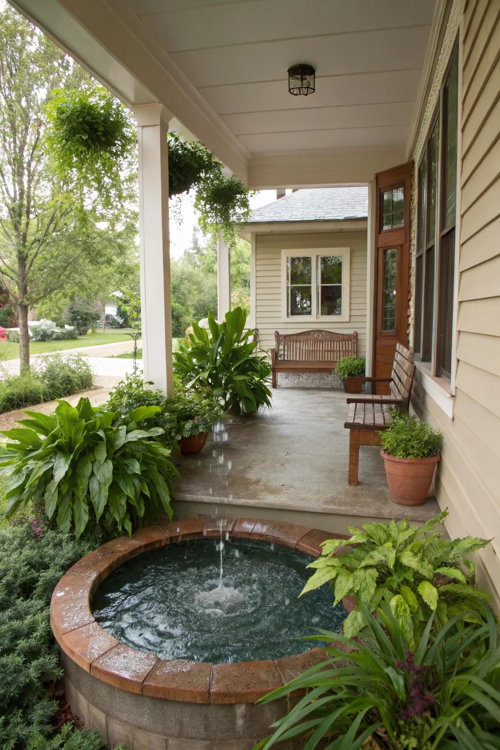 A serene water feature that enhances the porch's tranquility.