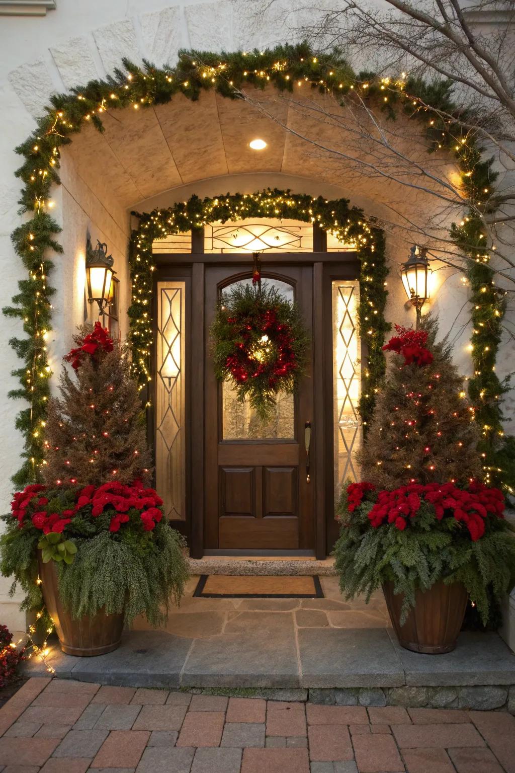 Coordinated decorations create a harmonious holiday entrance.