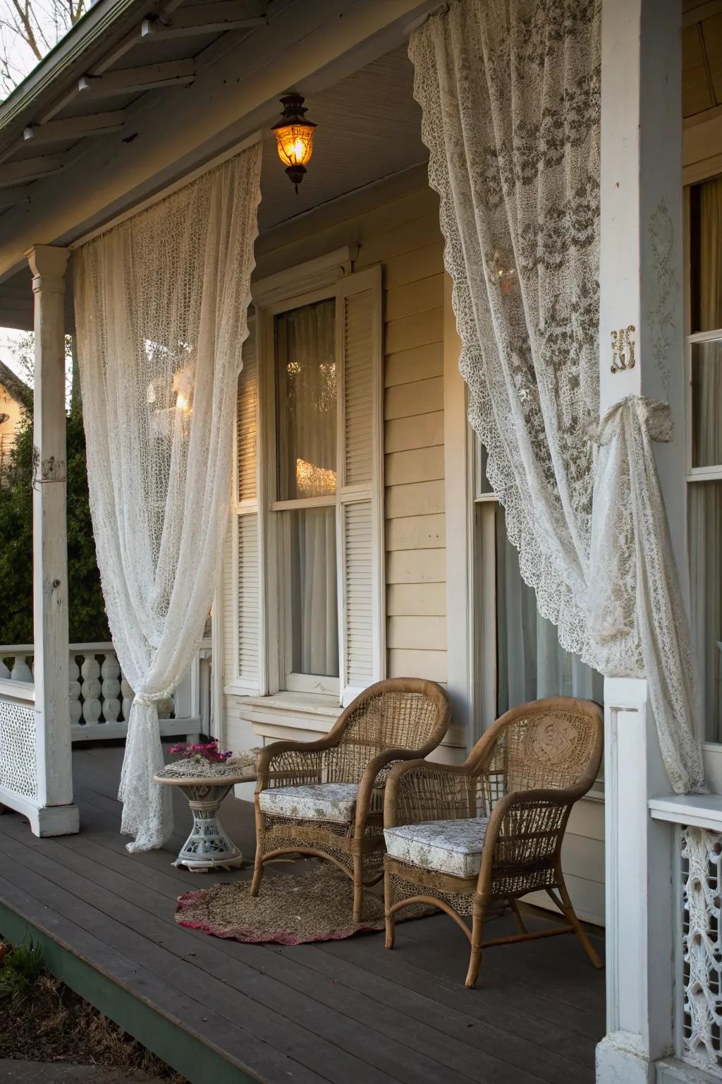 Lace curtains add vintage charm.