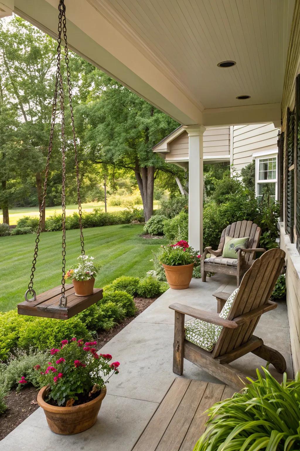 A front porch beautifully integrated with lush landscaping and greenery.