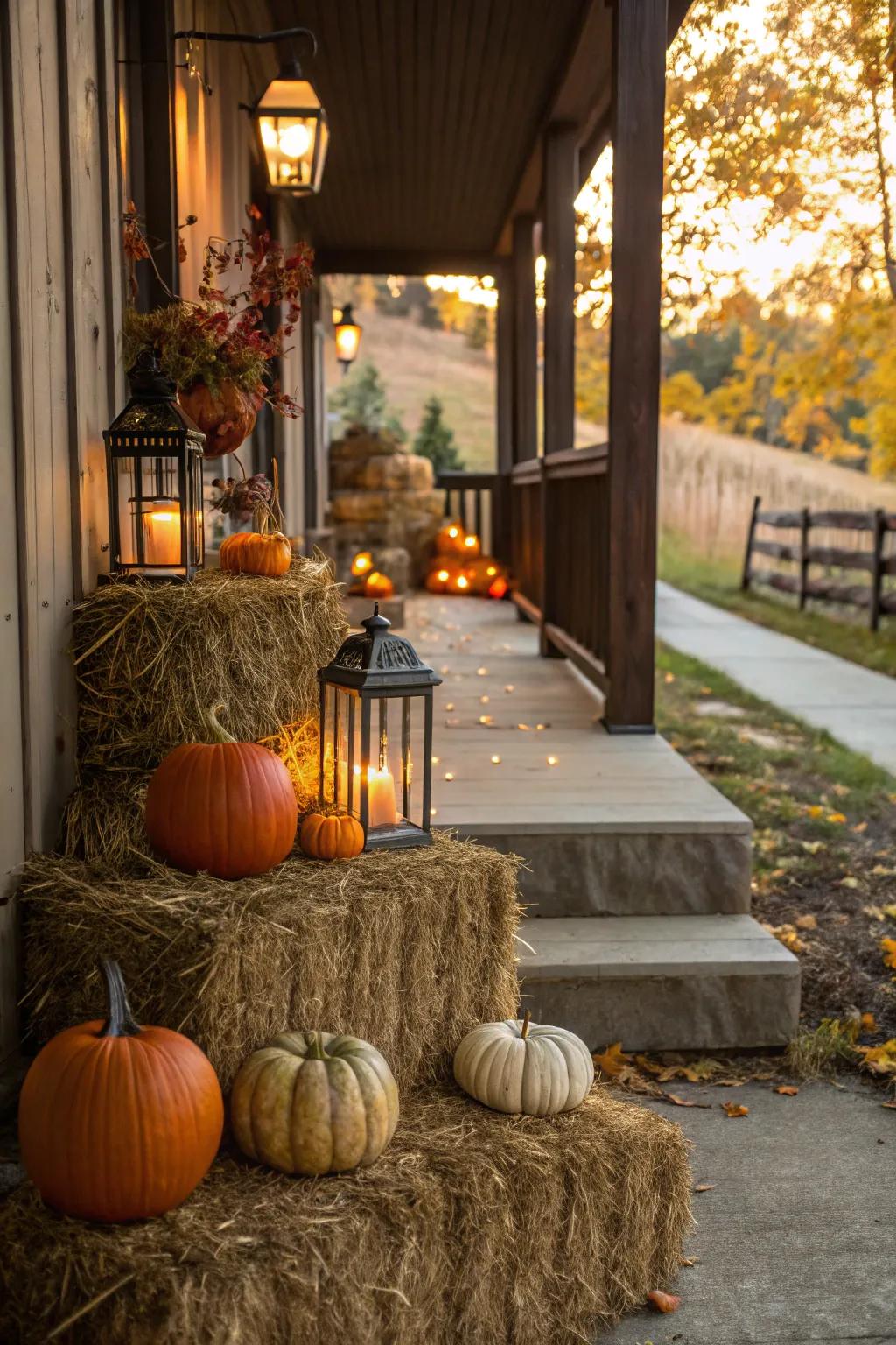 Hay bales adding height and texture to a fall porch setup.