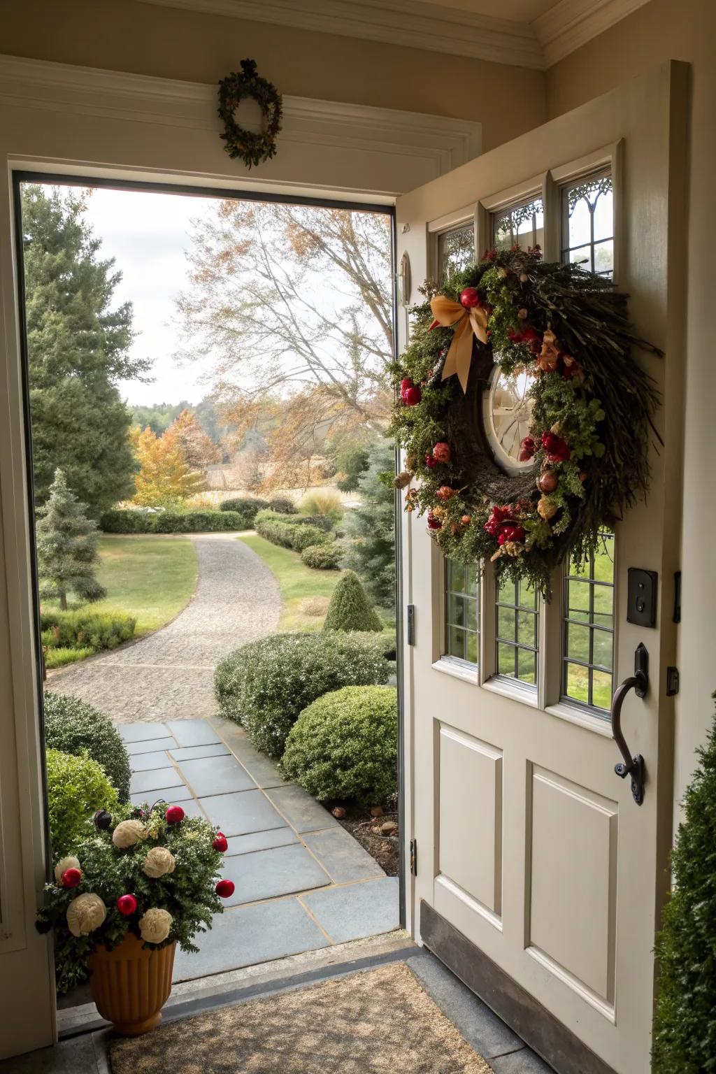 A wreath adds a welcoming touch to your entryway, easily changed with the seasons.