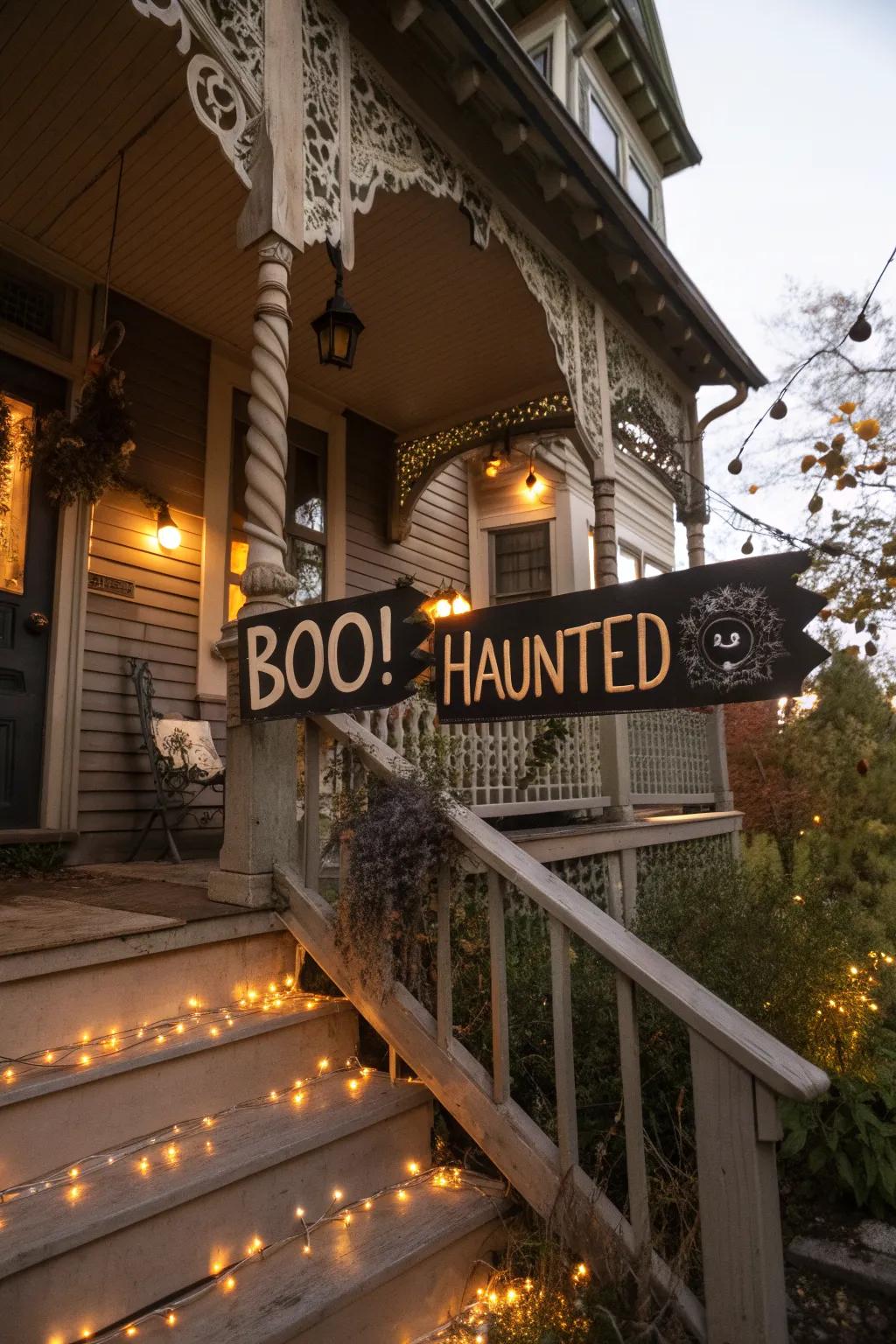 Spooky signs welcome guests with a playful warning.