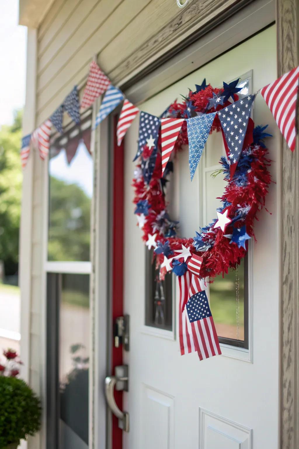 A patriotic wreath adds charm and festivity to the entrance.