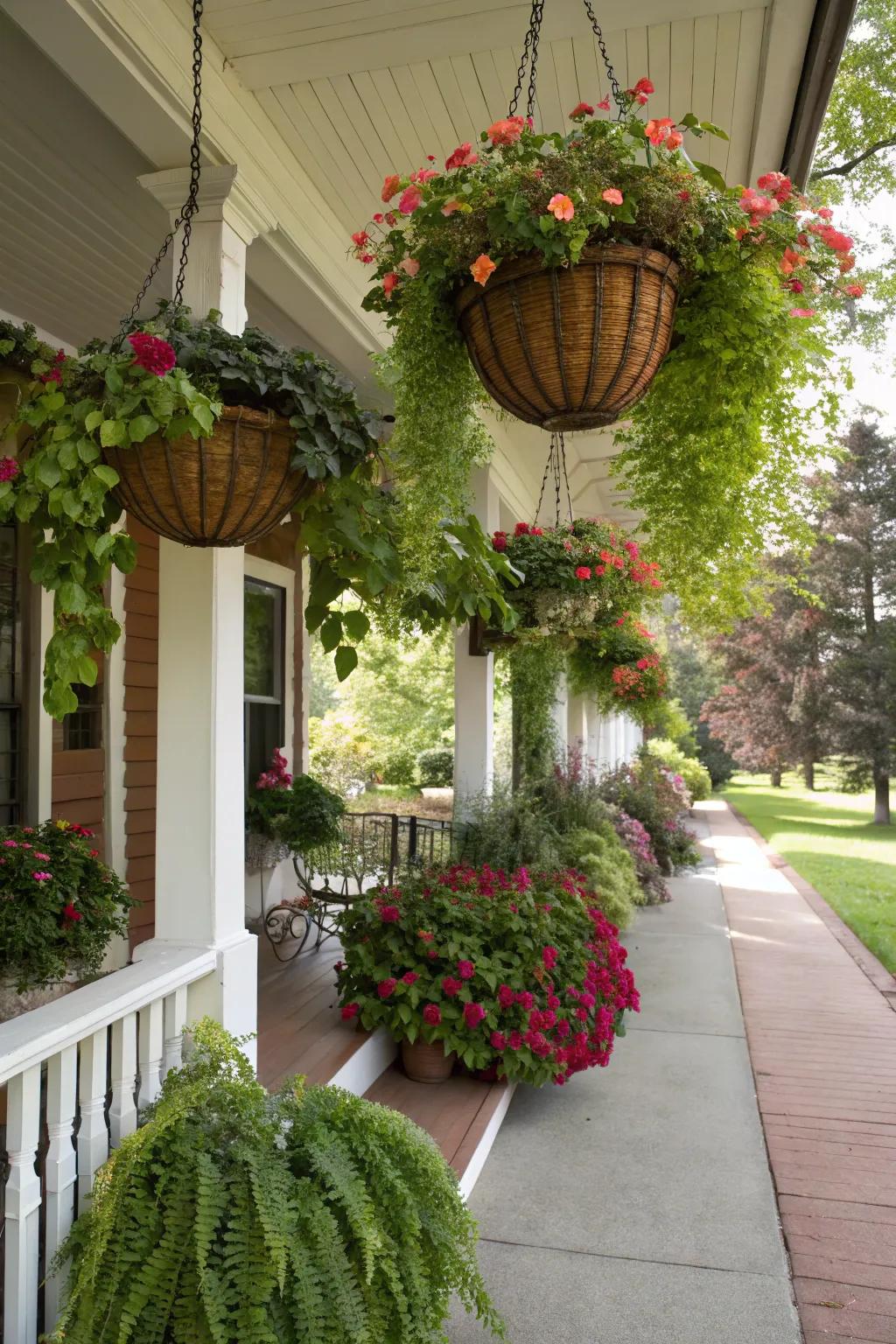 Hanging baskets add elegance and vertical interest to your porch.