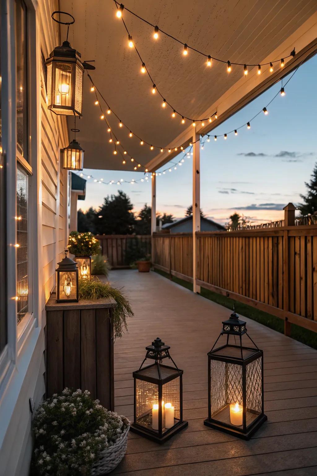 Twinkling outdoor lights creating a cozy atmosphere on a front porch.
