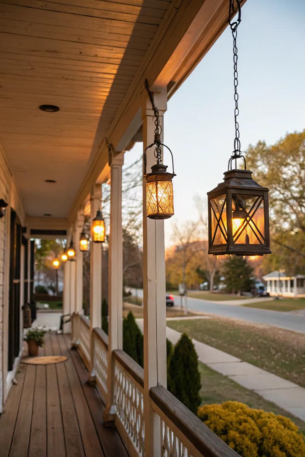 Hanging lanterns add vertical interest and movement.