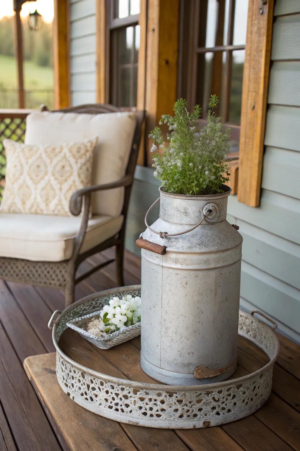 A milk can side table adds practicality to your porch decor.