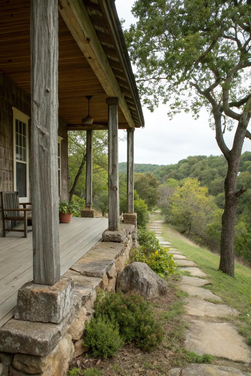 Stone bases adding robustness and texture to porch posts.