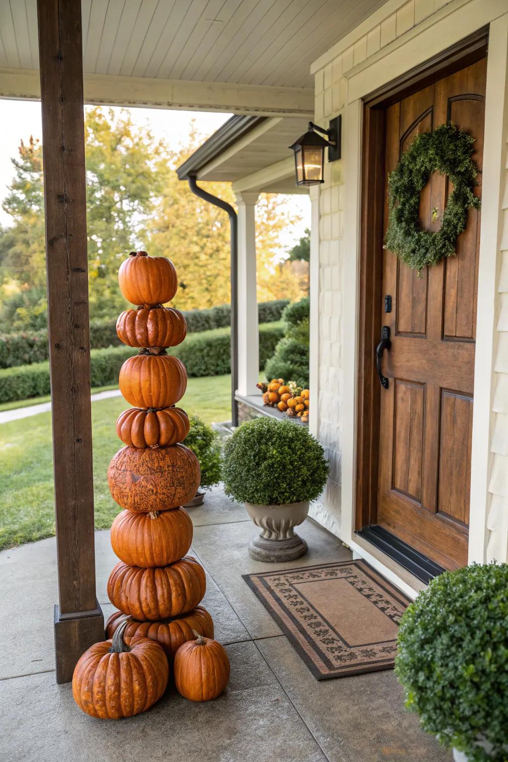Pumpkin topiaries add height and elegance to your porch decor.
