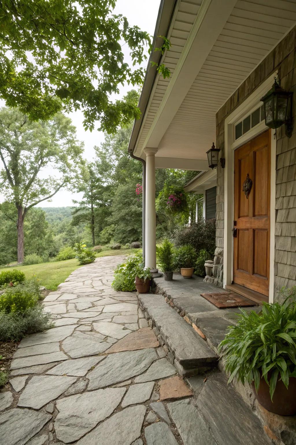 Natural stone walkway leading to a welcoming porch.
