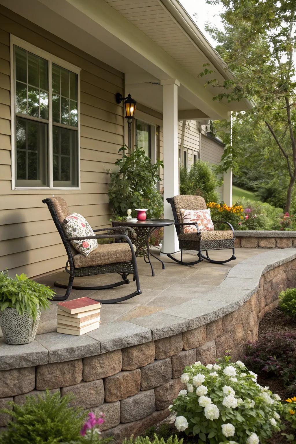 An outdoor living area integrated into a retaining wall.