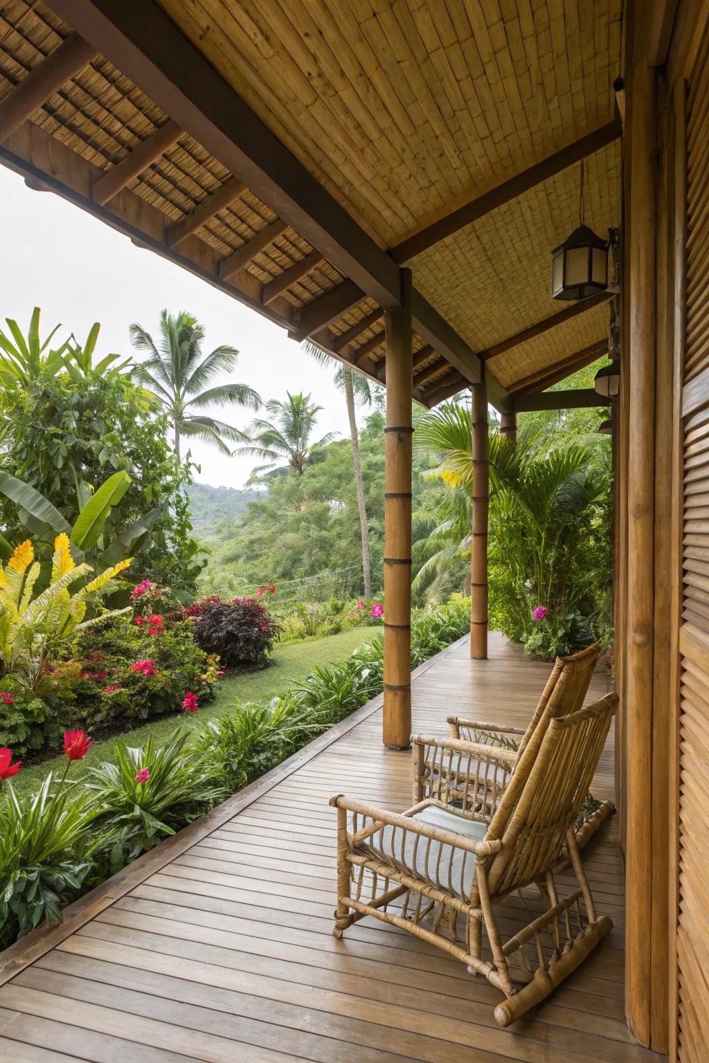A front porch with natural bamboo siding.