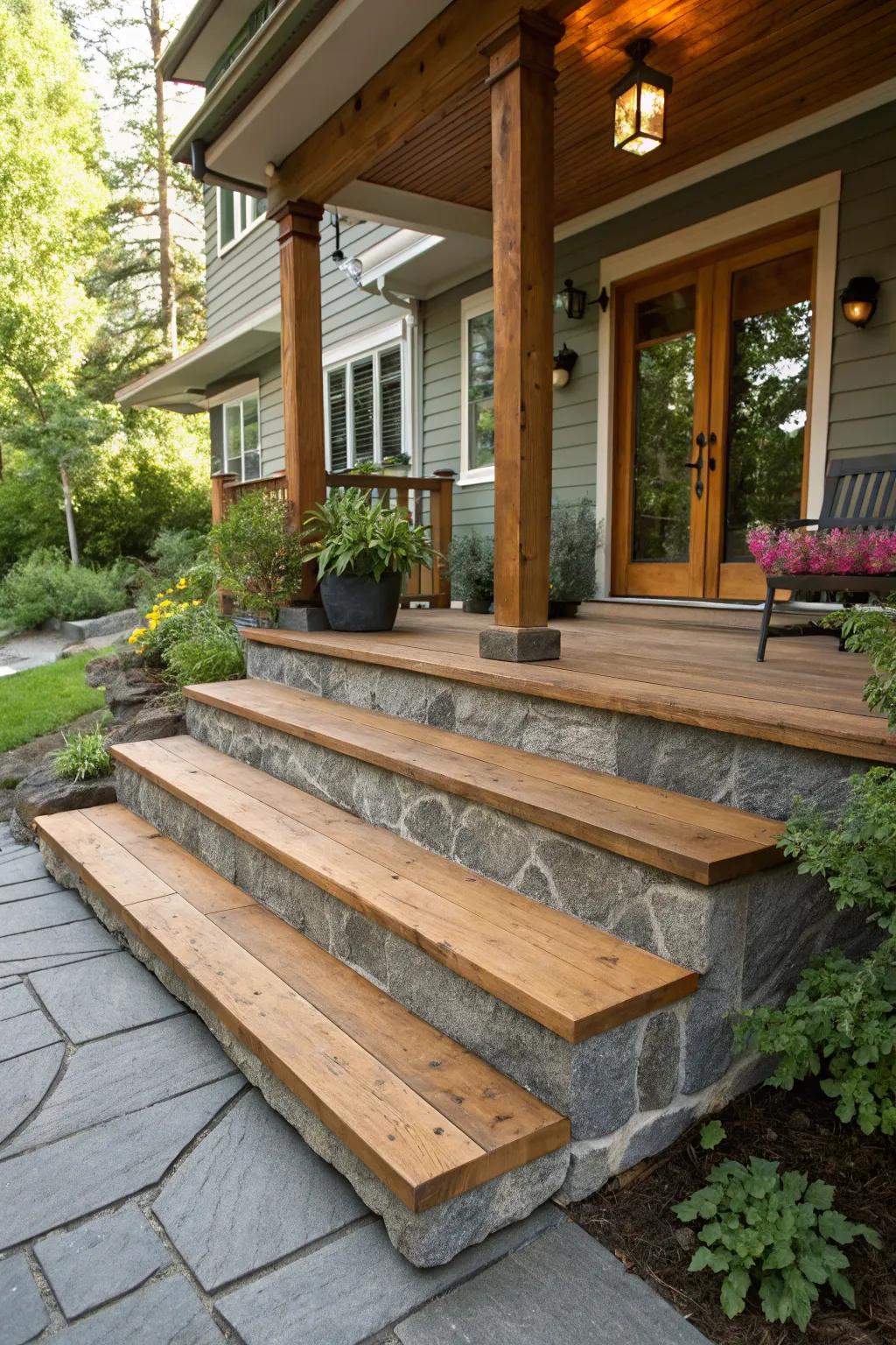 A blend of materials creates a visually interesting entrance.