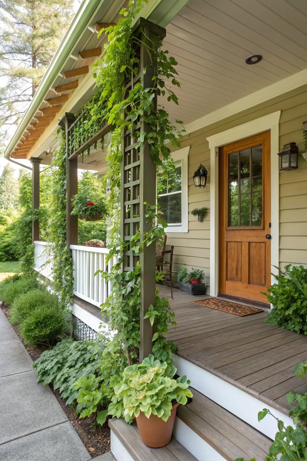 A vertical garden trellis creating a green sanctuary on the porch.