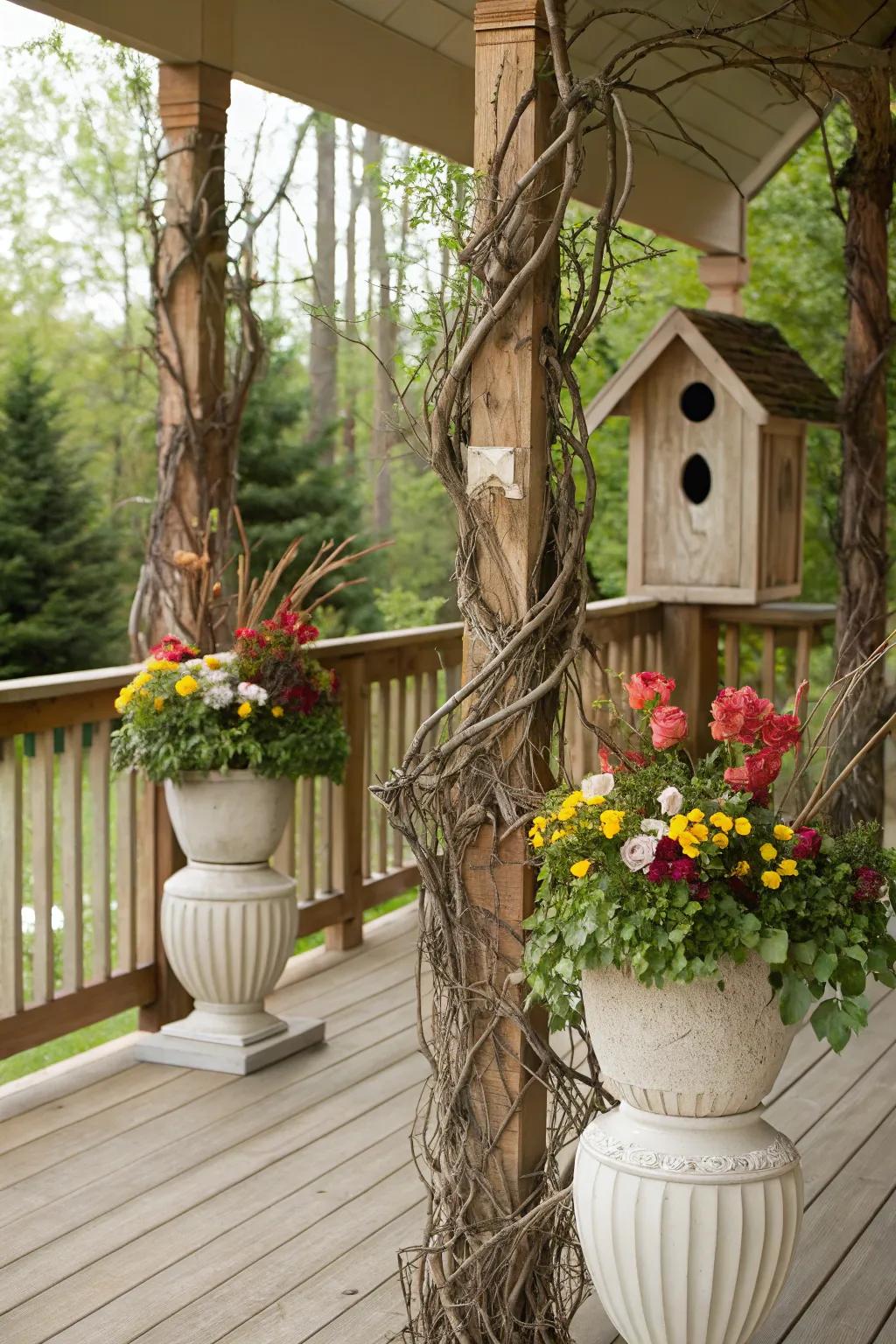 Add rustic charm with wooden elements in your urns.