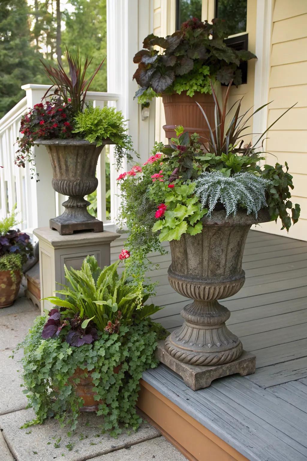 Mix plant heights for an eclectic front porch look.