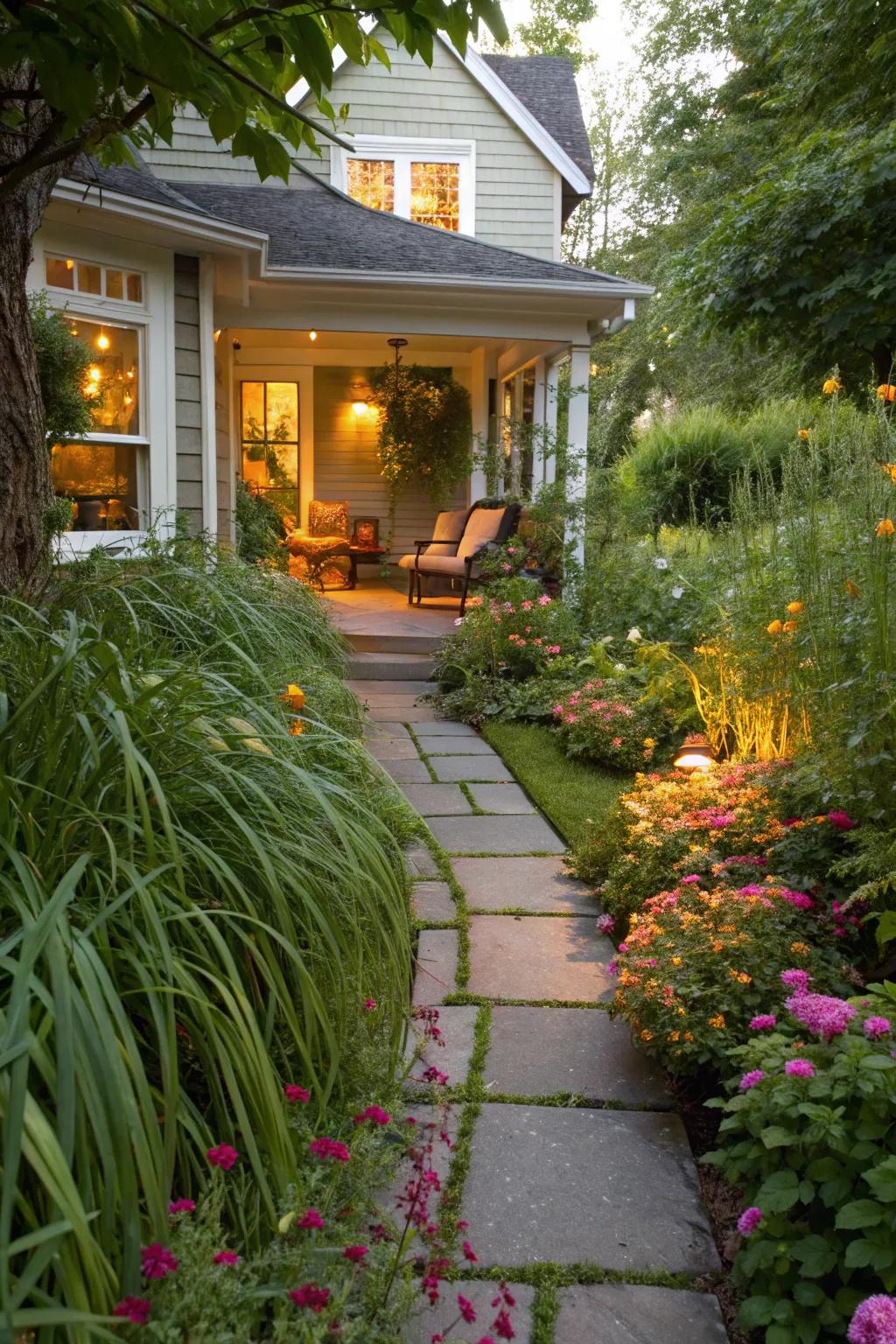 A walkway beautifully bordered by lush plants.